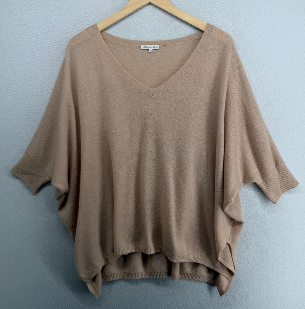 MINNIE ROSE Sweater M L Cashmere Oversized Dolman 3/4 Sleeve Pullover Pink Beige